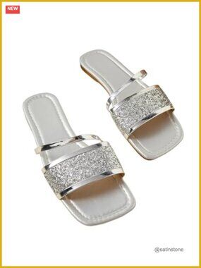 Sparkly Flat Sandals Square Open Toe PU Leather Slide Sandals Dressy